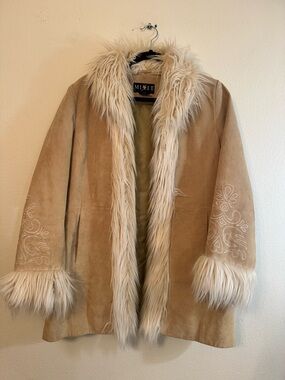 1990s/Y2K Leather and Faux Fur Penny Lane Coat, Embroidered, Mix It